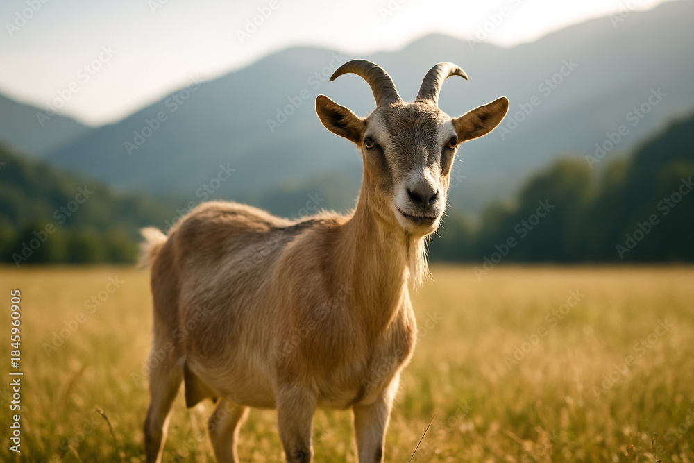 Fototapeta premium AI generated goat standing in a sunlit field with soft light highlighting its fur and distant mountains creating a calm natural atmosphere suitable for versatile creative use