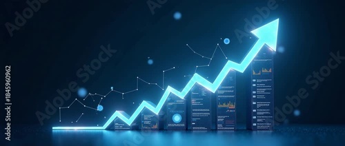 Dynamic growth chart animation with a glowing blue arrow rising, as the camera gently pans across the scene, highlighting data analysis in a sleek, futuristic style.