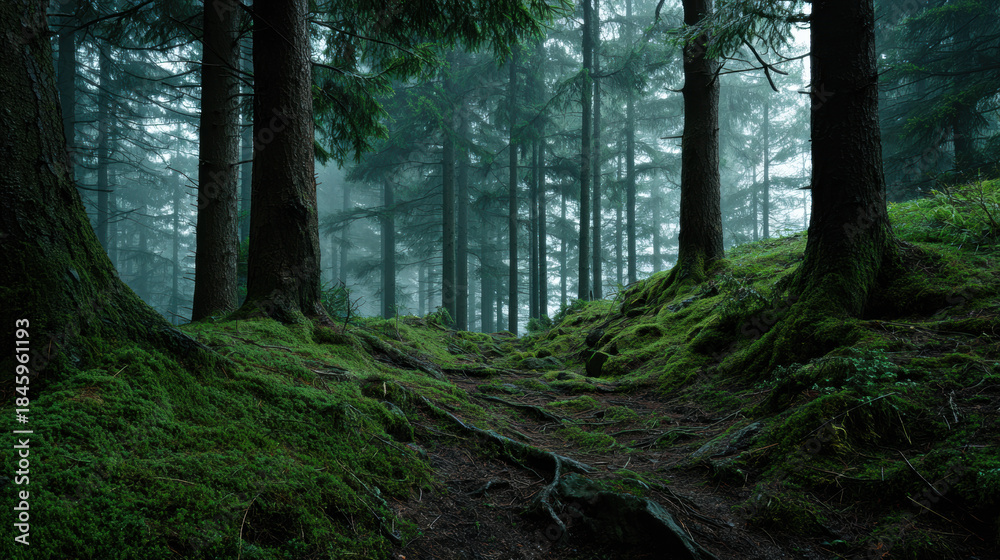 Fototapeta premium Misty moss covered forest path winding between tall evergreen trees, exposed roots and soft green groundcover creating calm mysterious atmosphere