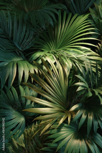 Vibrant Green Tropical Palm Leaves Bathed in Dappled Light, Creating a Lush Jungle Foliage Pattern.