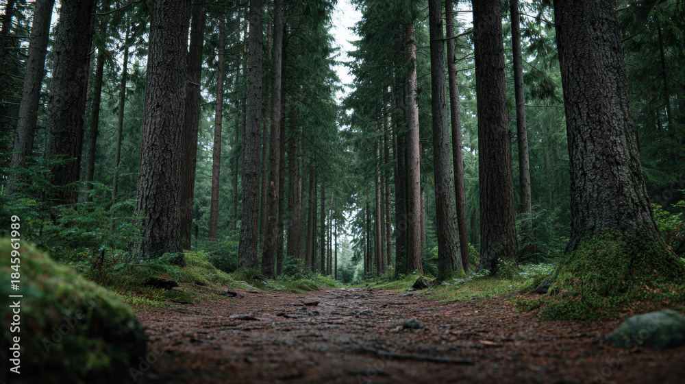 Fototapeta premium Forest pathway framed by tall pine tree forest pathway pine tree conifer trail moss evergreen woodland tree trunk perspective