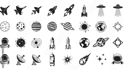 Space exploration icons set with planets, rockets, and astronauts