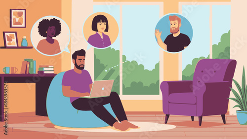 Man video conferencing with colleagues in modern home workspace