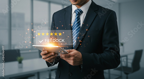 Wallpaper Mural Customer Feedback Interface – Businessman Holding Tablet with Digital Five-Star Rating and Checkmark in Office Setting Torontodigital.ca