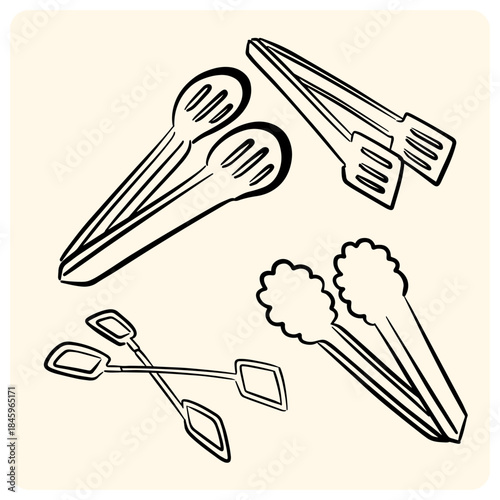 Collection of Hand-Drawn Kitchen Tongs and Serving Utensils Sketch