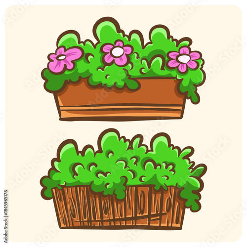 Cartoon Planters with Green Shrubs and Pink Flowers