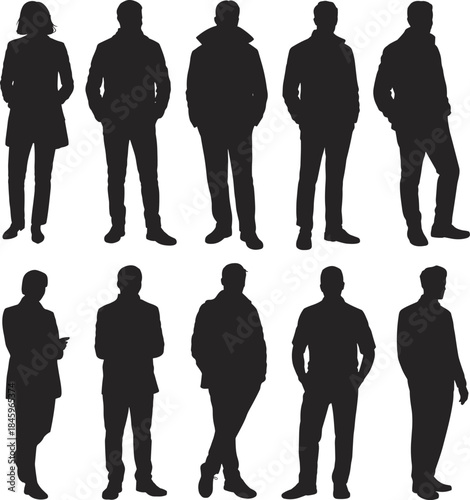 People silhouettes standing poses isolated on white background, male female casual character set