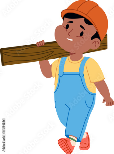 Builder Kid Carrying Timber Cartoon