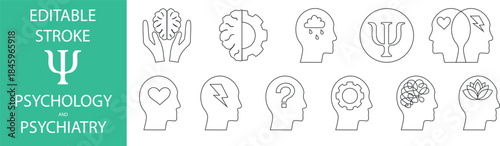 Editable black vector icons on psychology, psychiatry and psychotherapy on a transparent background.