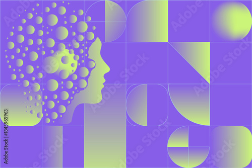 Abstract vector illustration in gradient purple and yellow with a human profile silhouette made of circles and geometric shapes. Conceptual vector illustration for science, psychology, or creativity.