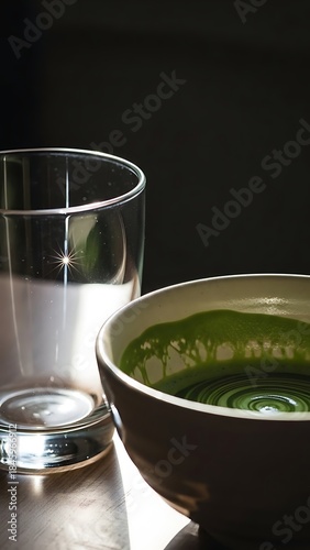 Clear Glass and Green Liquid in Bowl on Reflective Surface.