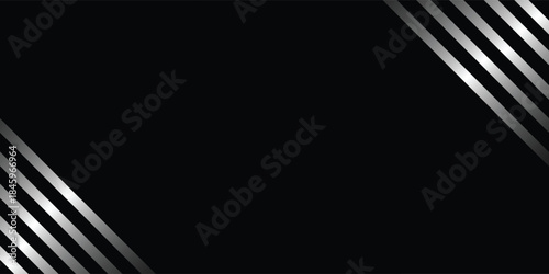 Abstract black background with diagonal silver metallic stripes in opposite corners, creating a modern and elegant design.