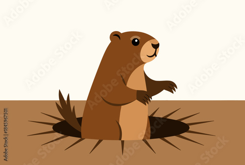 A charming cartoon groundhog emerges from its dark burrow in the brown earth, looking around with a friendly expression.