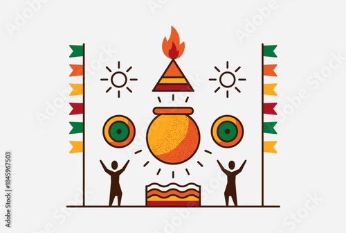 Flat design illustration of a traditional Indian harvest festival celebration with a pot, fire, and people.