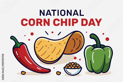 Vibrant illustration celebrating National Corn Chip Day with a corn chip, chili pepper, bell pepper, and corn kernels.