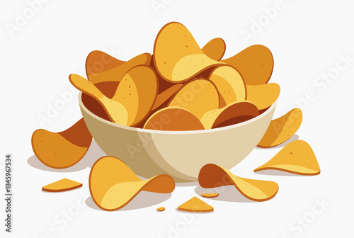 A bowl overflowing with crispy golden potato chips, with several individual chips scattered around on a white background.