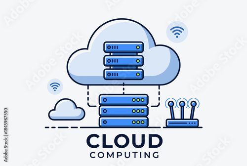 Illustration of cloud computing concept with servers, network connections, and Wi-Fi symbols, representing data storage and remote access.