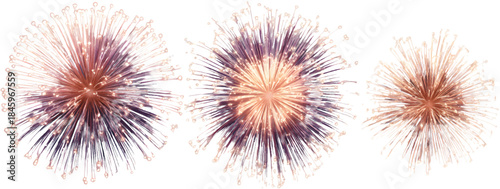 Set of three realistic fireworks isolated on a transparent background