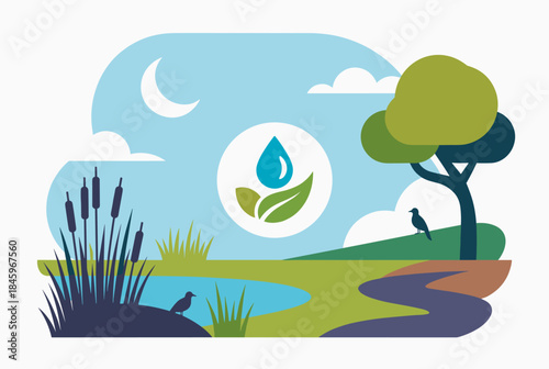 An illustration of a serene natural landscape with a pond, trees, and birds, featuring a central emblem of a water drop and leaves, symbolizing environmental conservation.