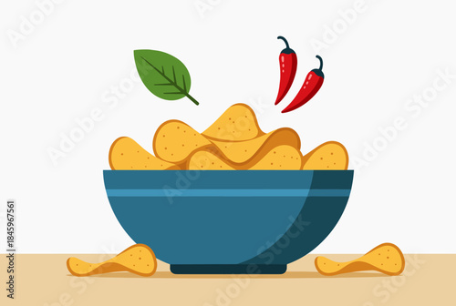 A vibrant vector illustration of a bowl of crispy tortilla chips garnished with fresh chili peppers and leaves, perfect for snacking.