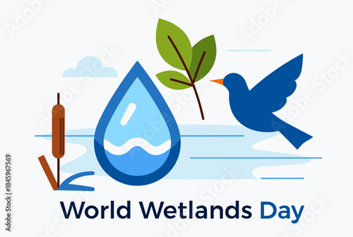 A blue water drop, a cattail, a green leaf, and a blue bird flying, with "World Wetlands Day" text.