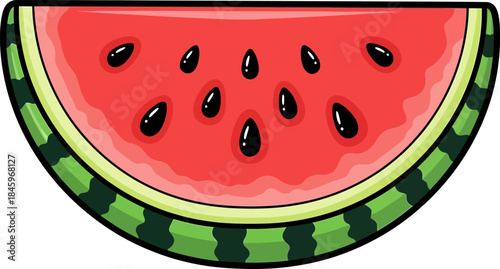 Vibrant Red Watermelon Slice with Seeds Cartoon Illustration.