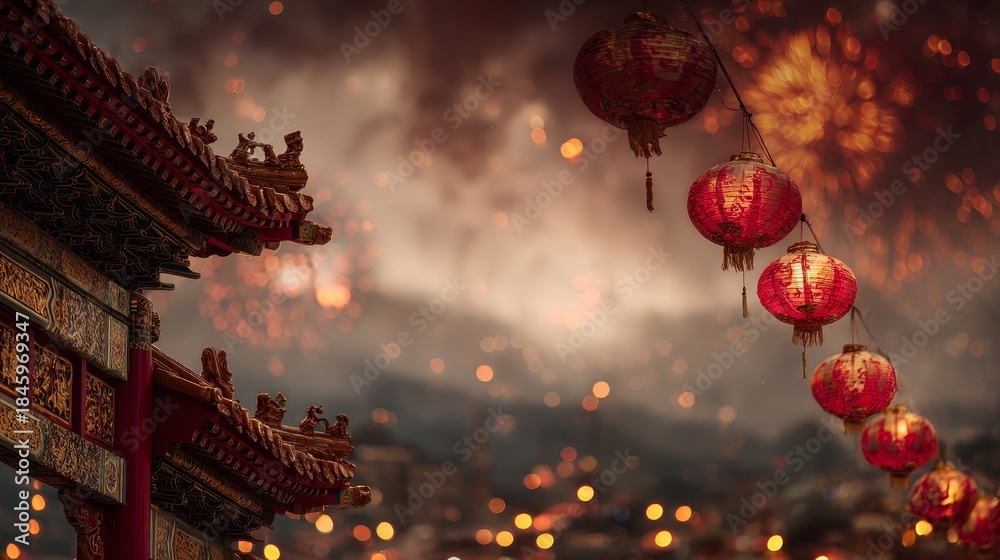 Fototapeta premium Chinese temple gate background with red and gold lanterns floating