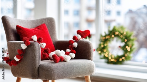 Modern living room corner with red heart pillow. Minimalist Valentines Day home decor with romantic accents