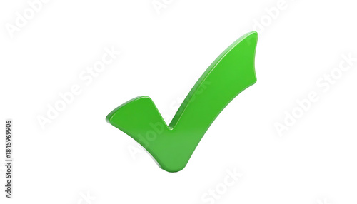 A glossy, 3D rendered green checkmark against a stark black background