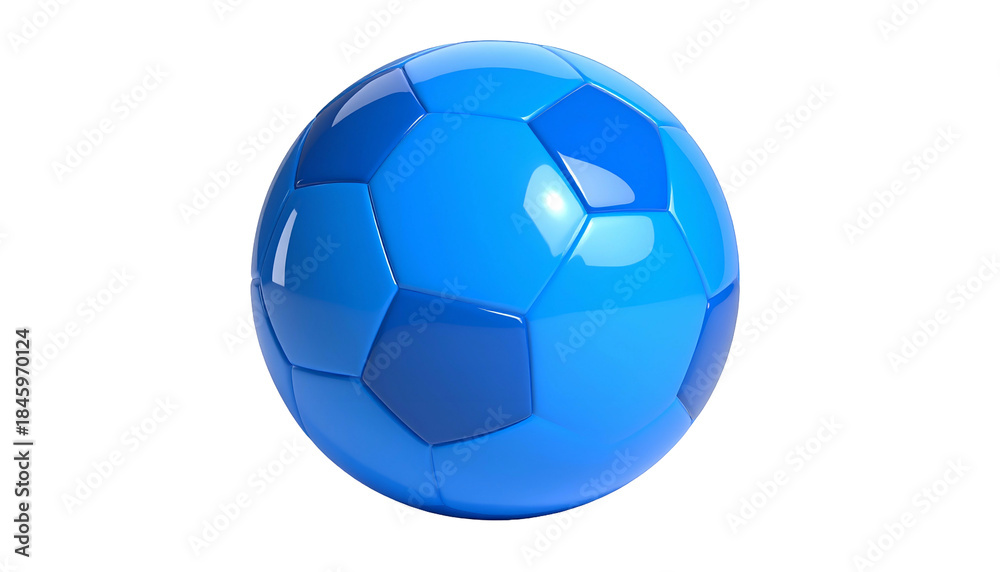Fototapeta premium 3D rendered, glossy blue soccer ball against black background, perfect symmetry
