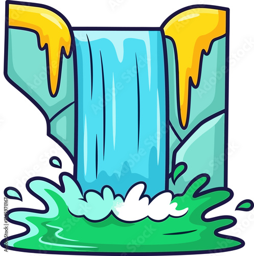 Cartoon Waterfall Illustration with Blue Water and Green Splash.