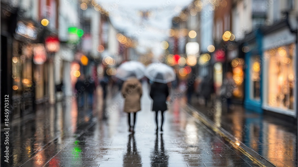 Obraz premium Couple holding hands under umbrellas during rainy evening walk in city with emotional connection. St. Valentines Day romance, love and urban mood concept