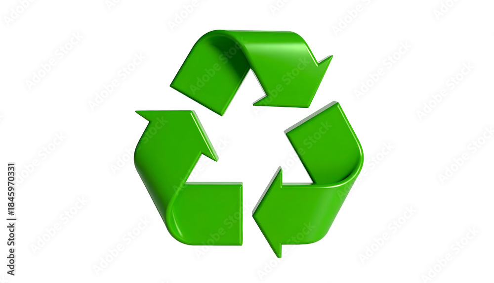 Obraz premium A glossy, three-arrowed symbol of a green-colored recycling sign on a black background