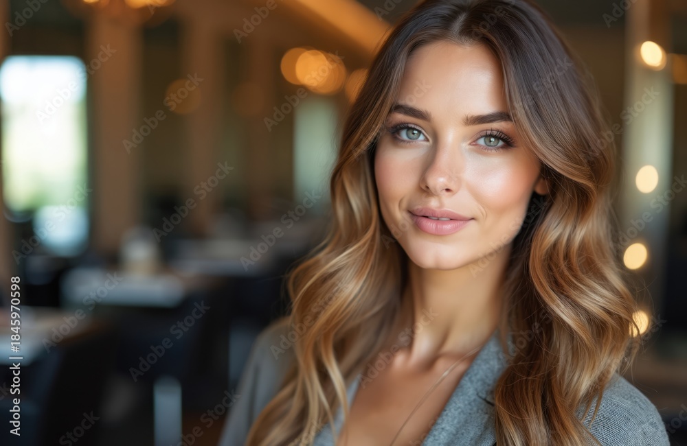 Obraz premium Beautiful young woman with long wavy blonde hair smiles gently. She wears a gray blazer, looking confident and stylish. Her makeup is natural and radiant, highlighting her blue eyes and perfect skin.