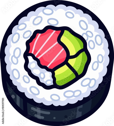 Delicious sushi roll with salmon and avocado, a tasty Japanese cuisine.