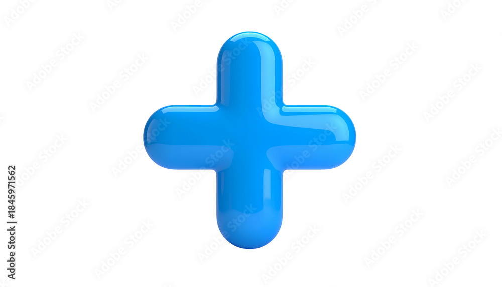 Fototapeta premium Glossy, rounded, 3D plus sign in a vibrant sky blue color, isolated on a black background