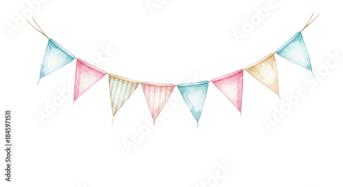 watercolor bunting garland illustration of triangular pastel pink and blue flags on natural twine against a bright white background, charming festive design concept