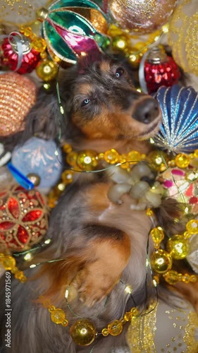 beautiful dachshund dog lies among the Christmas decorations, vertical video