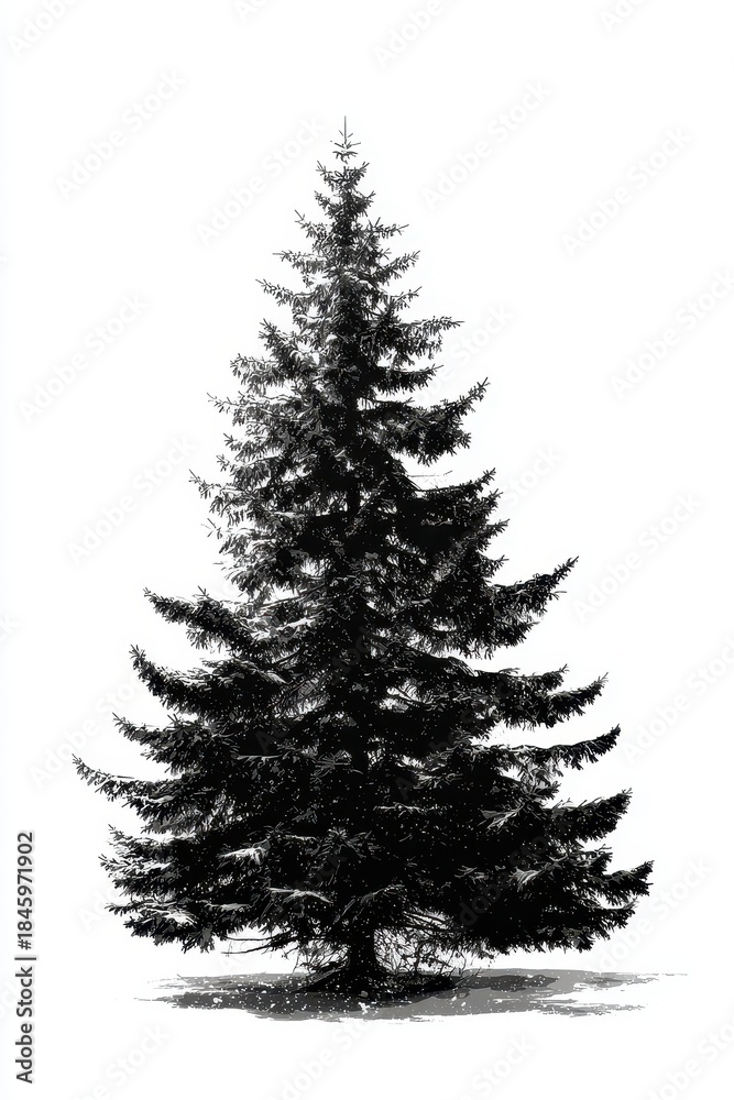 Obraz premium Solitary Evergreen - Black and White Pine Tree Illustration.