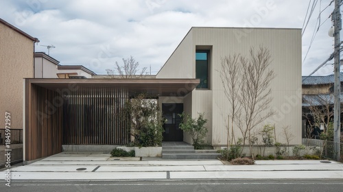 Modern house exterior design concept blending natural wood elements with a light-toned minimalist architectural facade
