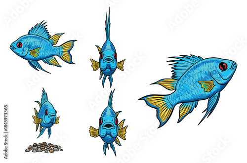 Blue fish in various poses, side view, top view, and front view, with vibrant colors.