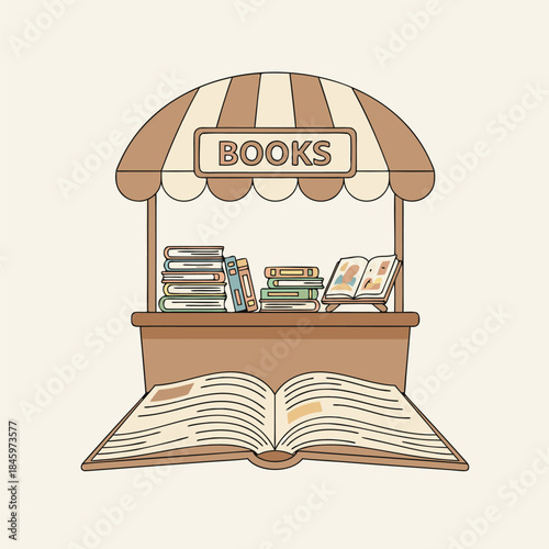 Book stall with open book in front, illustration.