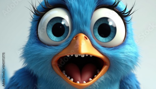 Blue cartoon bird has huge eyes and open mouth. Its fluffy feathers and big lashes frame a face showing shock. This cute creature expresses surprise and fear, a comical avian.