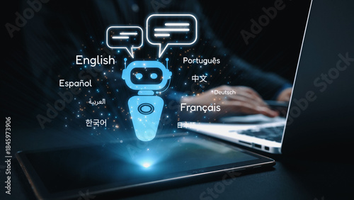 Wallpaper Mural Global communication with multiple languages, digital translation tools, multilingual technology, cross-cultural communication, and virtual language learning environments. Elide Torontodigital.ca