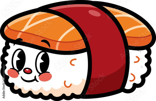 Cute cartoon salmon sushi character with happy face and blushing cheeks.