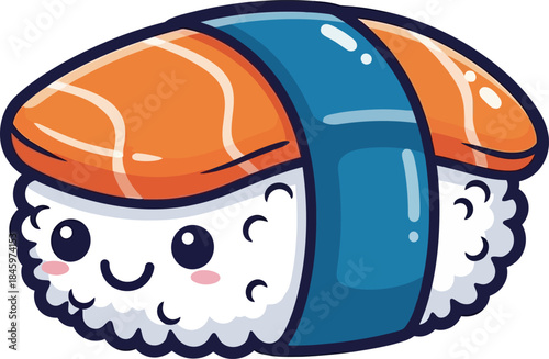 Cute Kawaii Salmon Nigiri Sushi Character with Smiling Face.