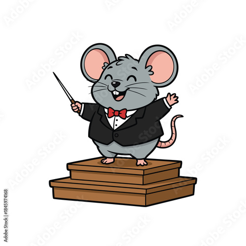 Cartoon Mouse Conductor Leading Orchestra with Baton.