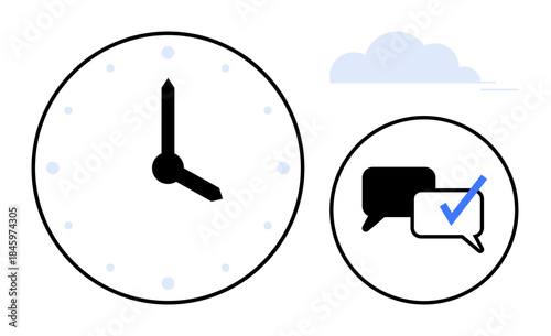 Clock with black hands, chat bubbles, and blue checkmark, symbolizing productivity, planning, decision-making, team coordination, deadlines communication and punctuality. Simple flat metaphor