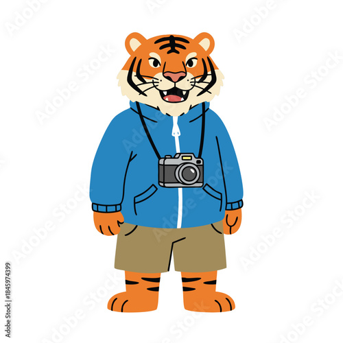 Cartoon Tiger Tourist with Camera.