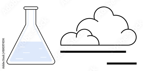 Science research, innovation, laboratory experiments, chemical reactions, climate science, data analysis. Flask with liquid next to cloud outline. Science research and innovation concept